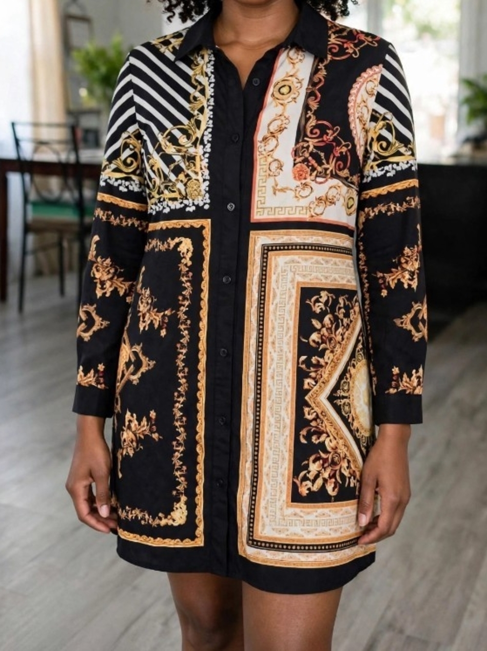 Stylish Black & Gold Baroque Button-Front Shirt Dress